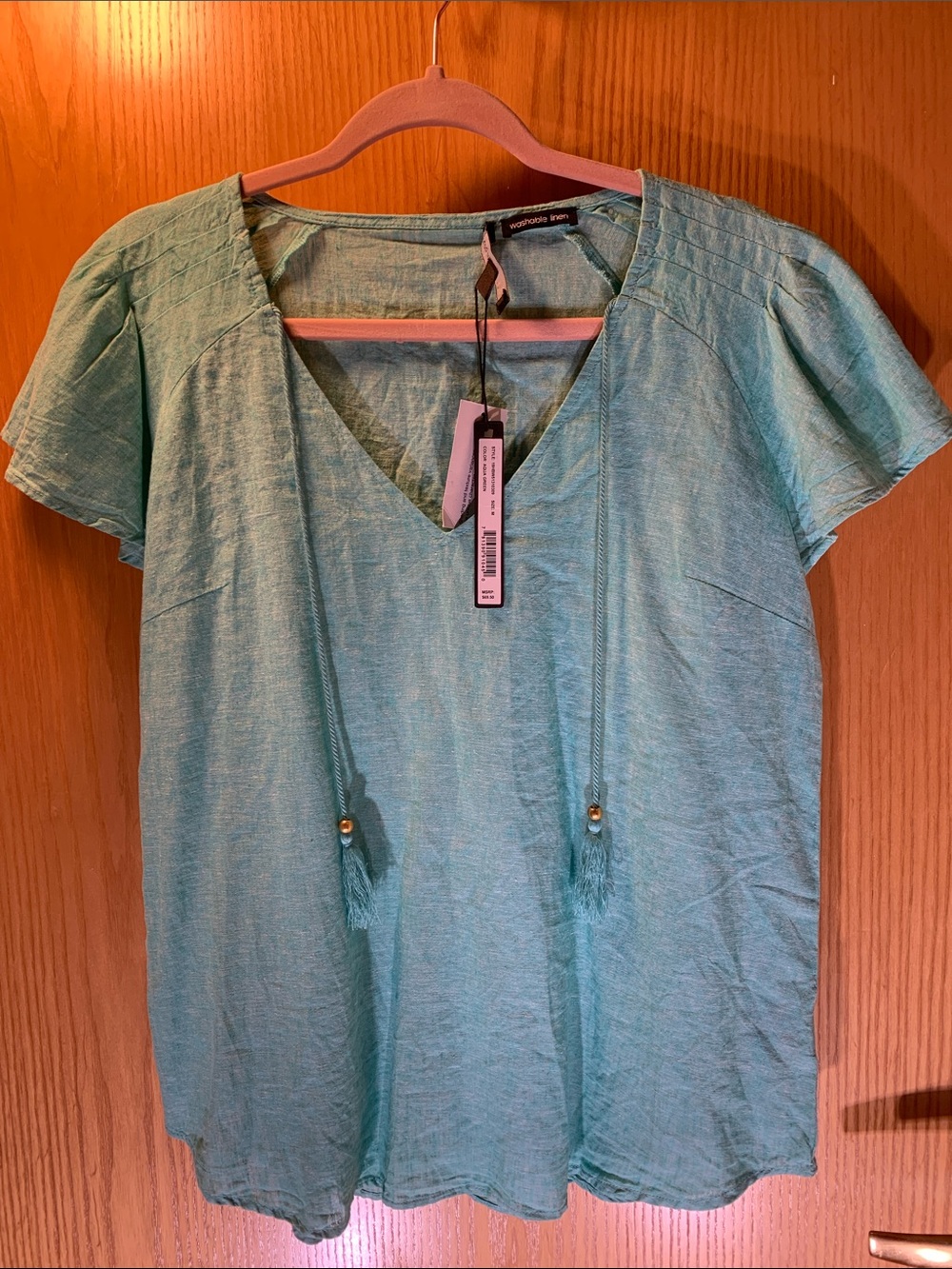 New! Harve Benard Teal V-Neck Linen/Cotton Tassel Tie Blouse - Size M